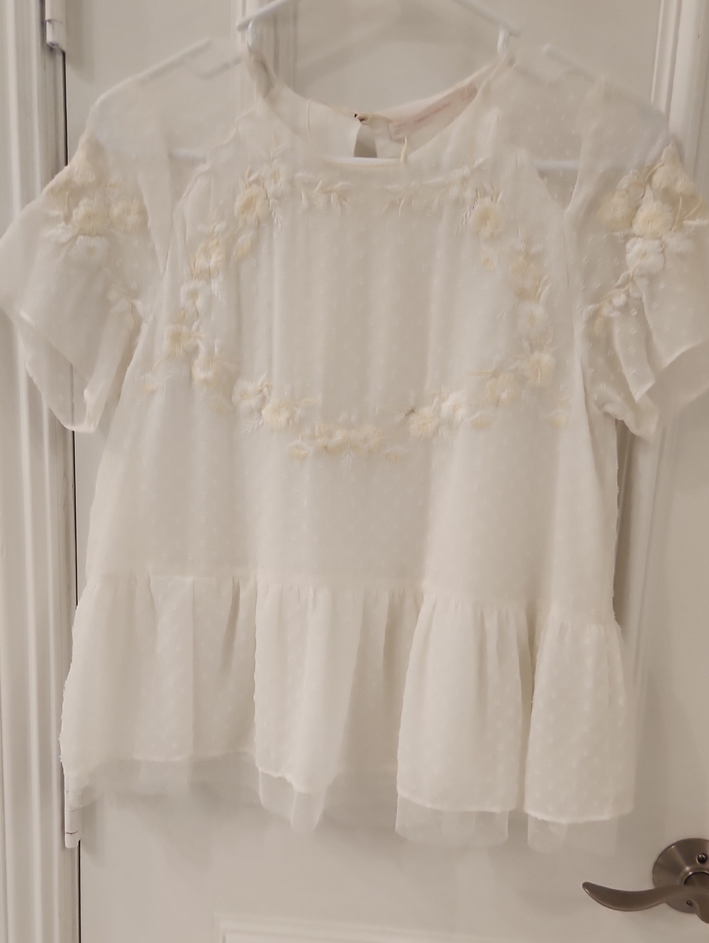 Zara Cream Swiss Dot Floral Appliqué Peplum Blouse